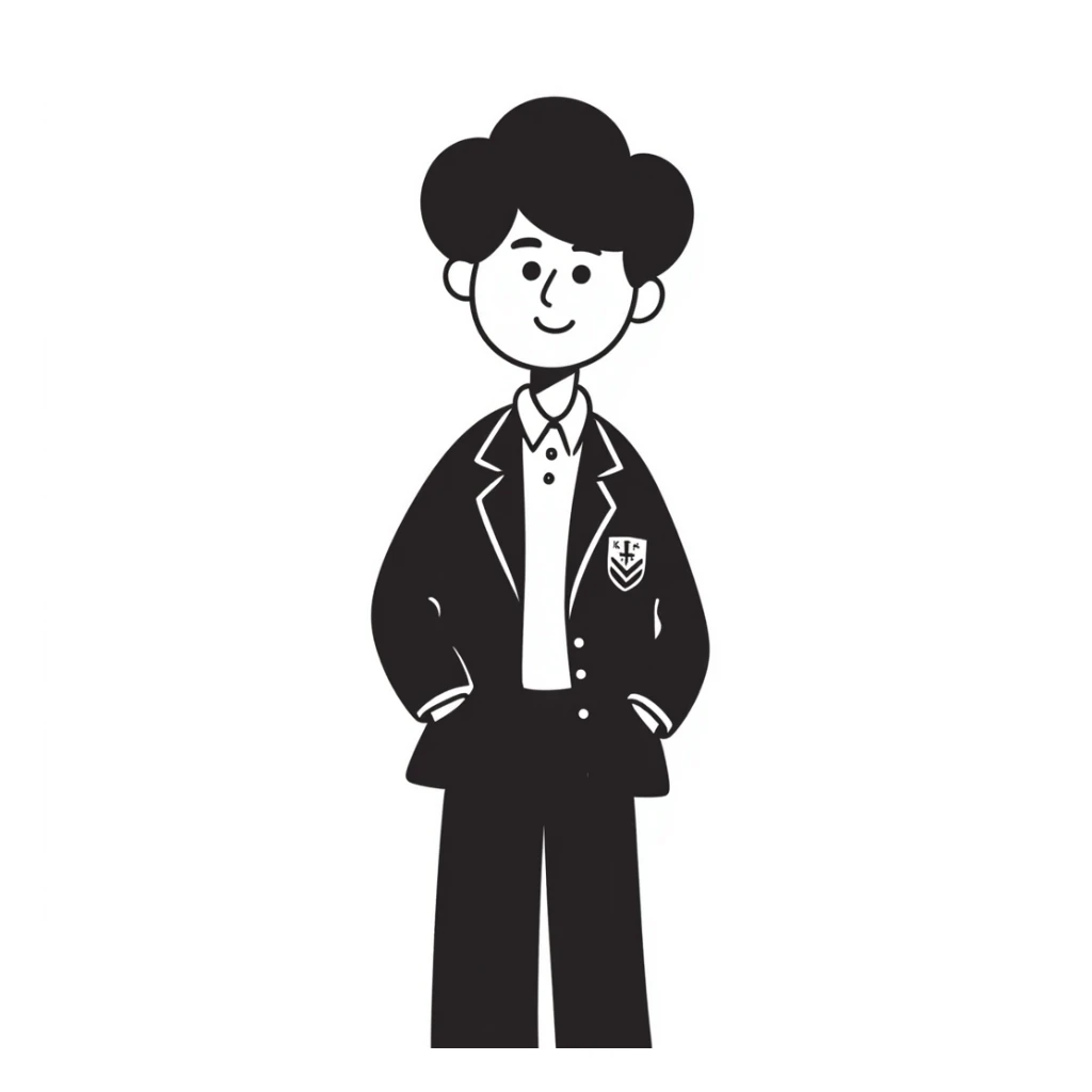 young boy in a Gilbert Inglefield school uniform, hand-drawn doodle style sticker