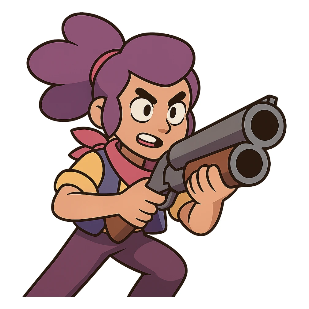 Shelly from Brawl Stars, holding her shotgun, dynamic action, bold outlines sticker