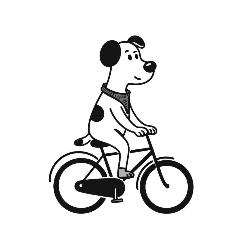 a dog riding a cycle, hand drawn doodle style sticker
