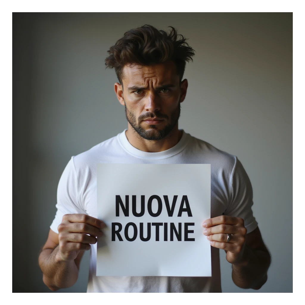 hyperrealistic 4K image of a sporty man with a sad expression holding a sheet with the text 'NUOVA ROUTINE', no background, variation 17 sticker