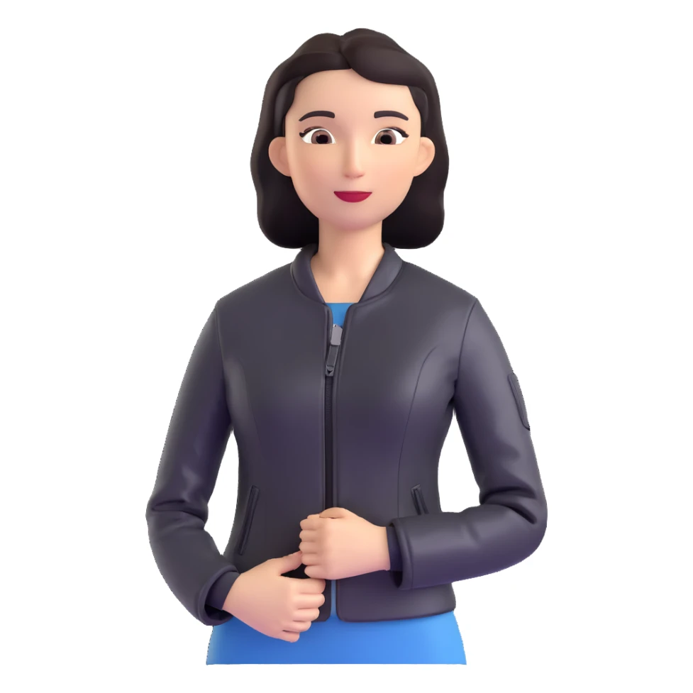 woman with oval-shaped flat-top head wearing a tight-fitting elbow-length black leather jacket sticker