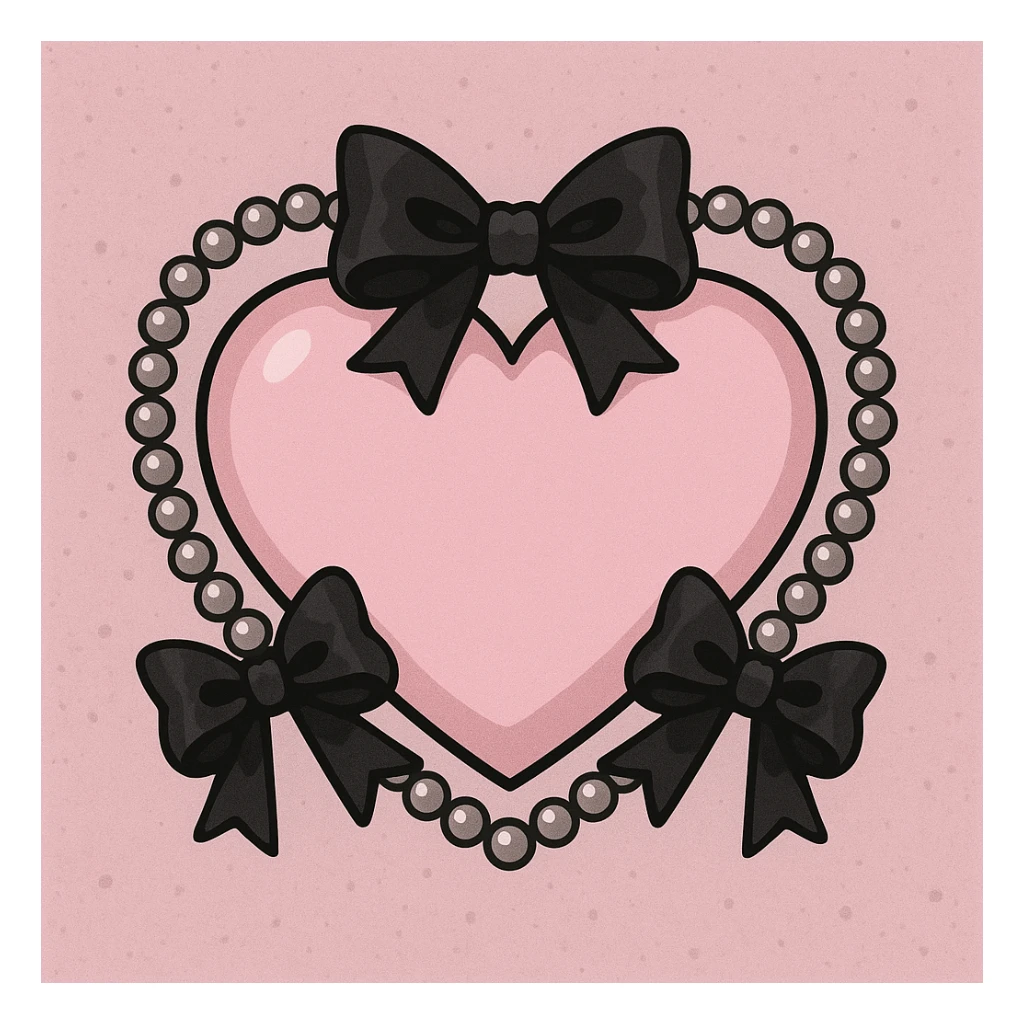 pastel goth heart with black bows and pearls, soft pink and black, cute gothic style sticker