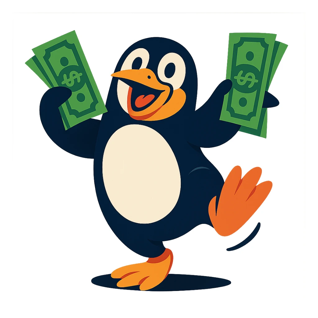 a dancing penguin holding money, fun and lively style sticker