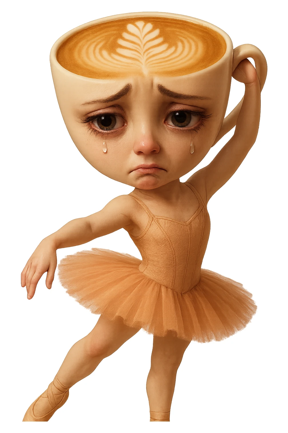 Edit the ballerina cappuccino character to have a sad expression. Keep the transparent background. sticker