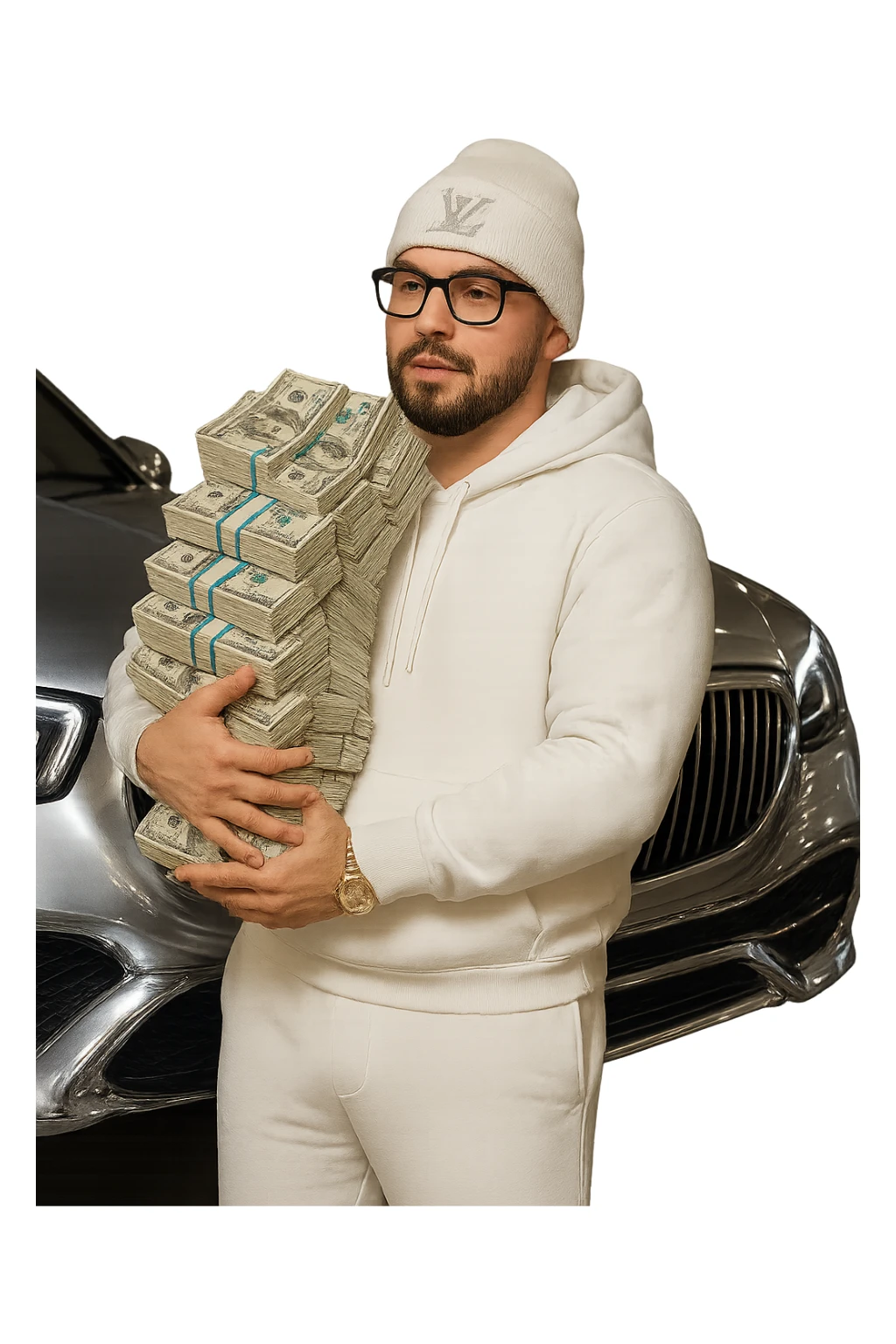 Replace the AMG car in the background with a Maybach car, keeping the background transparent. Maintain the person with white skin tone, black goatee and facial hair, wearing a white hoodie, white sweats, white Louis Vuitton beanie, and Cartier glasses. Include realistic money in the scene. Apply a chrome effect on everything except the money. Match the style and pose of the reference image exactly. sticker