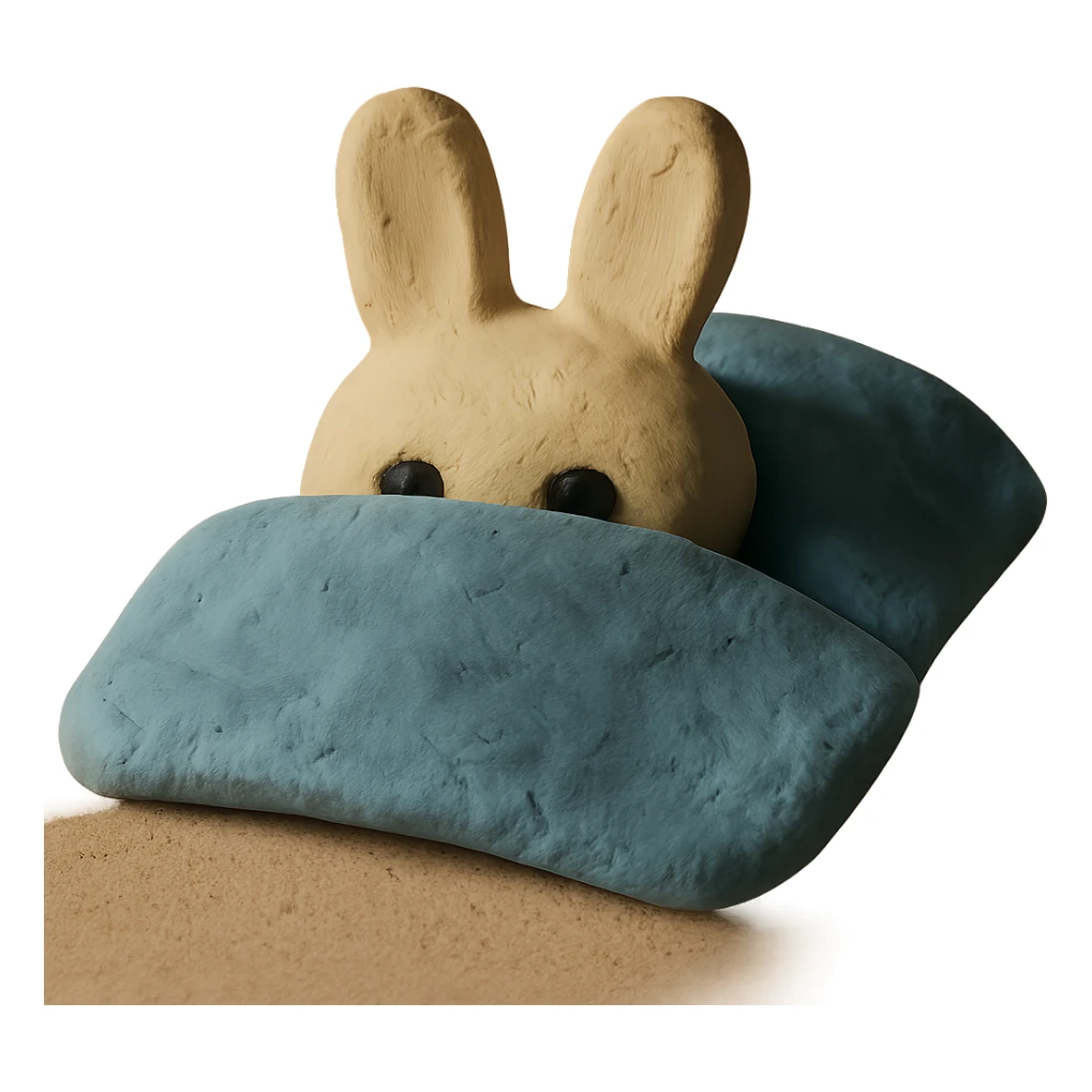 cream bunny lying under blanket, only eyes showing, claymation style sticker