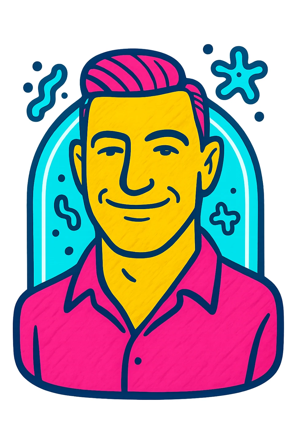 Vertical portrait of a man's face in a modern style with a relaxed expression. Transparent parasites dissolve in front of an energetic barrier, with fresh and clean colors enhancing the scene. sticker