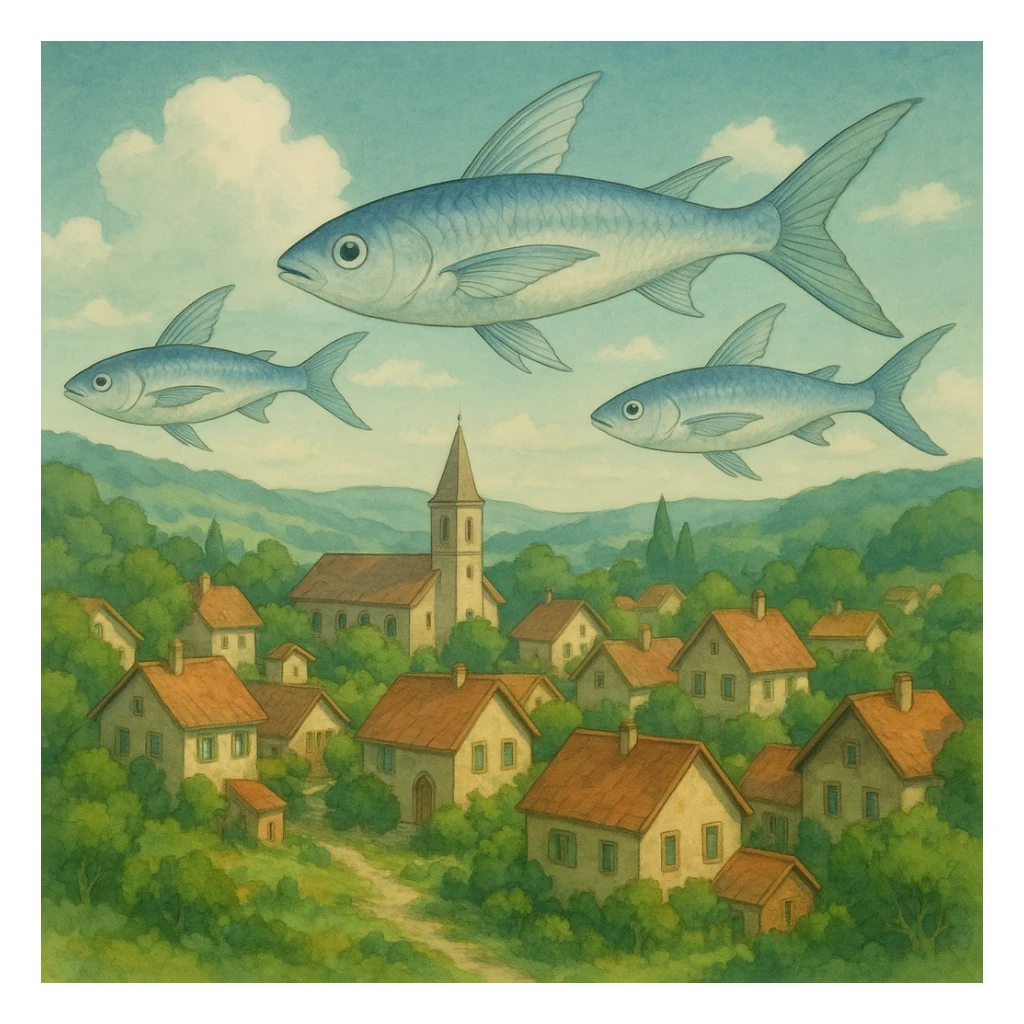 flying fish above a village in ghibli style, serene, detailed, soft lighting sticker