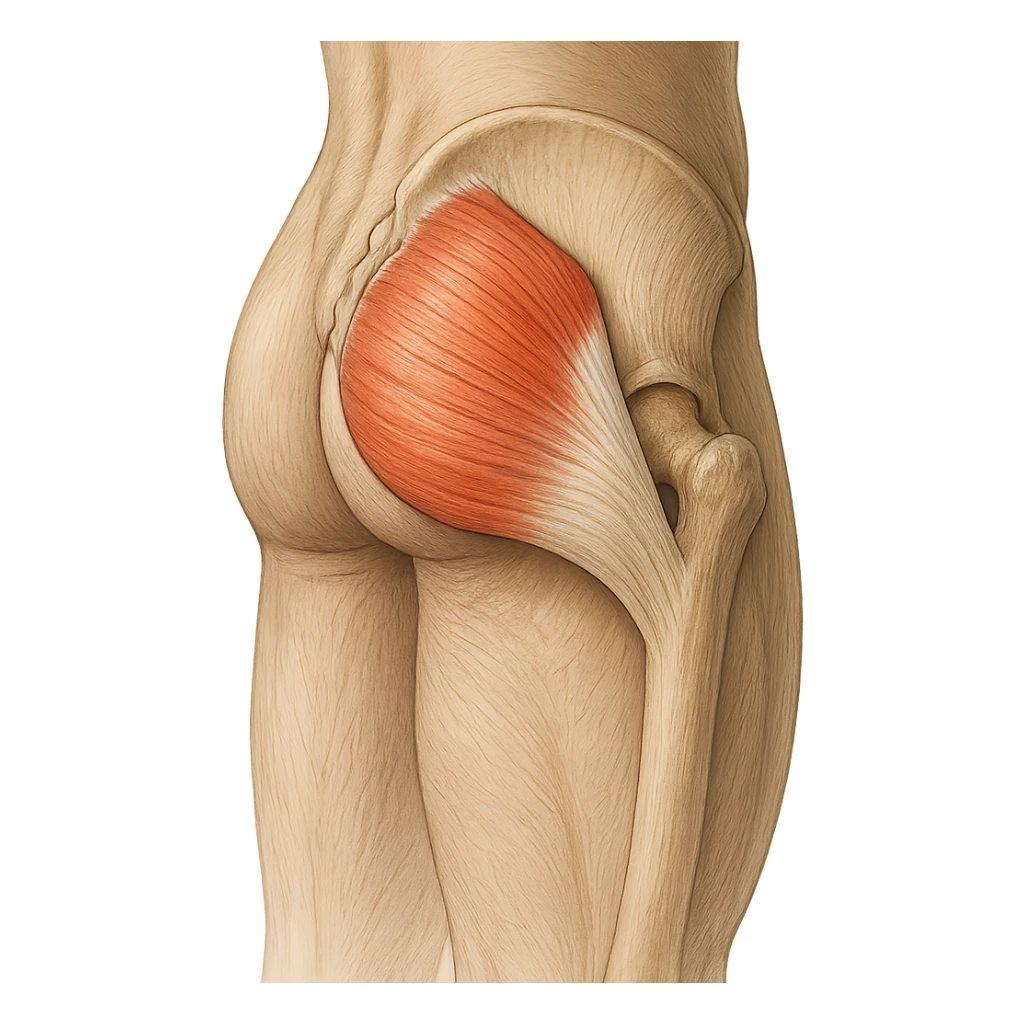 realistic and educational illustration of the gluteus minimus muscle, precise anatomical details, highlighted compared to other muscles in the region, lateral and posterior view, neutral background, no explicit references to sensitive parts sticker