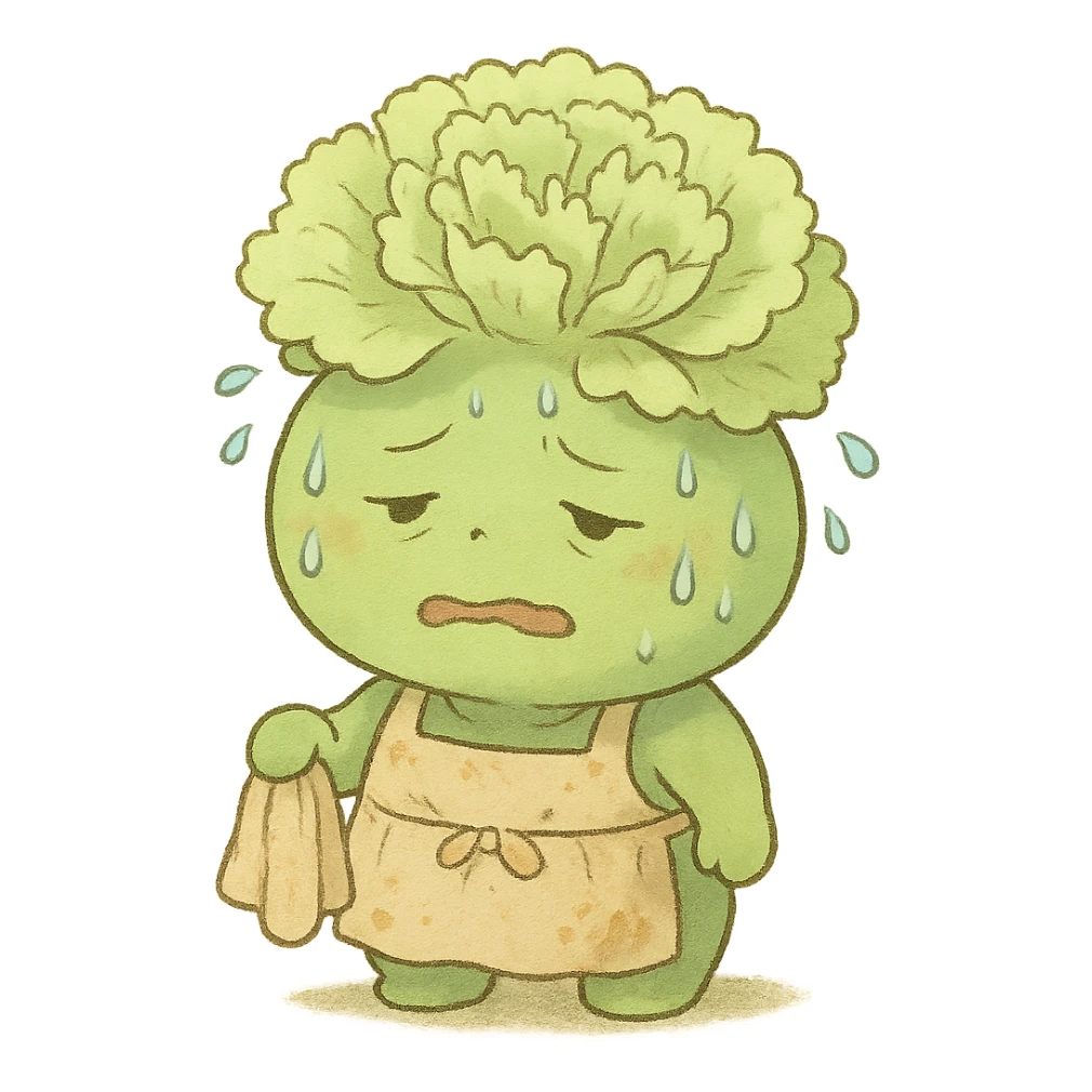light green carnation flower with a messy apron and exhausted face, sweat dripping, holding a cleaning rag, super round chibi style, soft ghibli style sticker