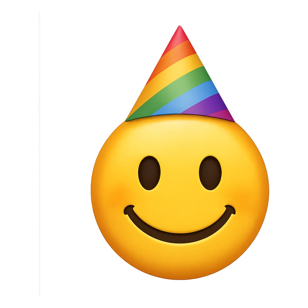 yellow face with rainbow party hat emoji, digital illustration sticker