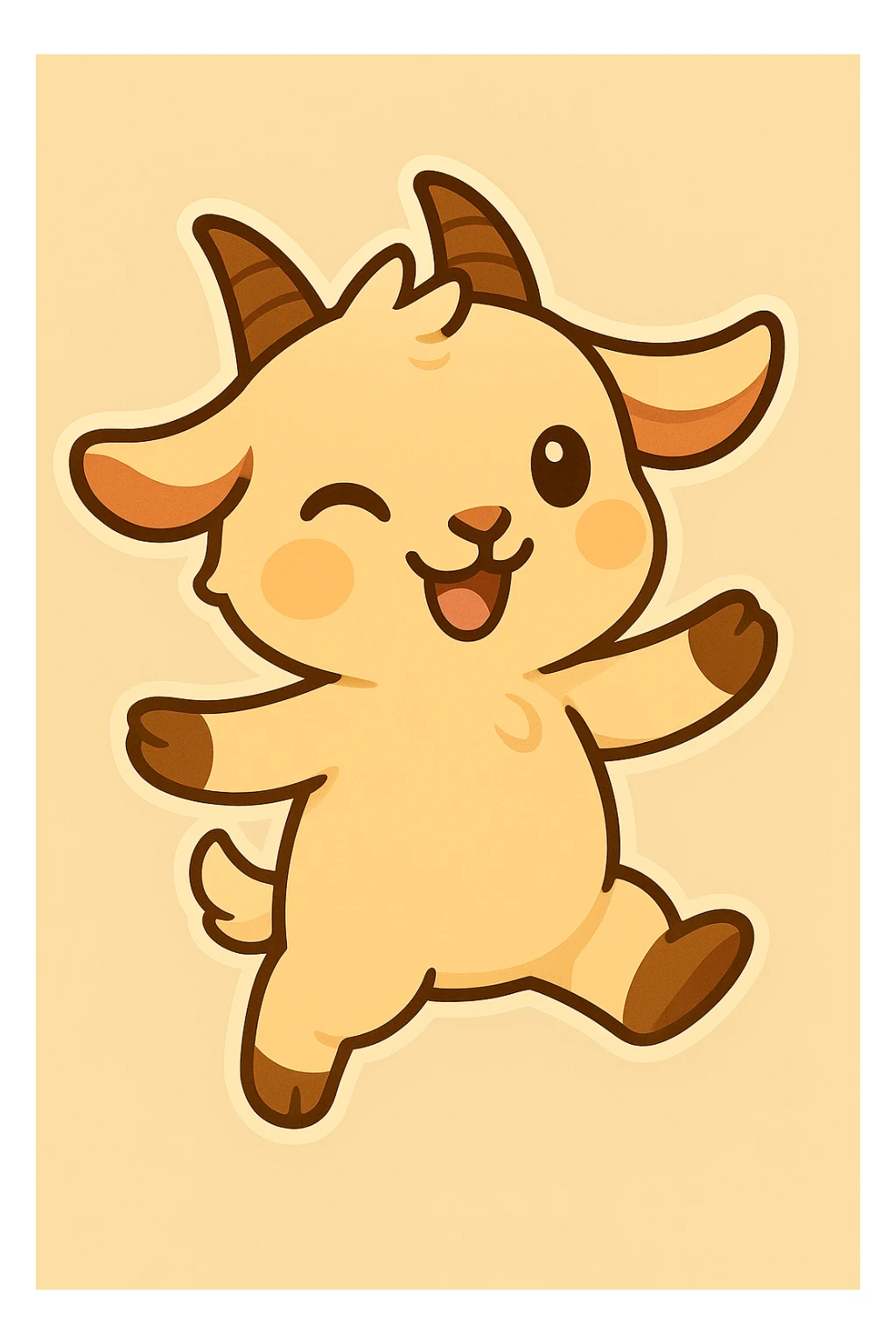 Chibi goat, winking and dancing, left leg up, right arm up, joyful expression, animation frame 1, same style and background as reference. sticker