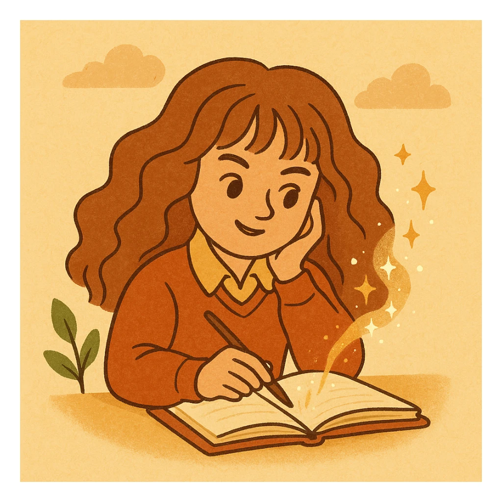 Hermione Granger writing in a notebook, cartoon style, warm colors, expressive face, magical atmosphere sticker