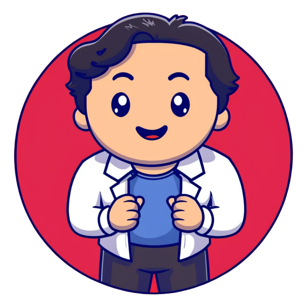 Management educator with black wavy hair, stubble, strong features, white skin, smart casual attire, presenting a powerful TED talk about business innovation, animated speaking pose on iconic red circle stage, innovation-themed visuals sticker