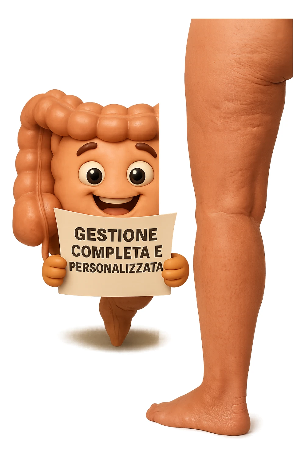metà immagine: intestino umano anatomico, metà immagine: gambe con buccia d’arancia e cellulite, iperrealistica 4k
 sticker