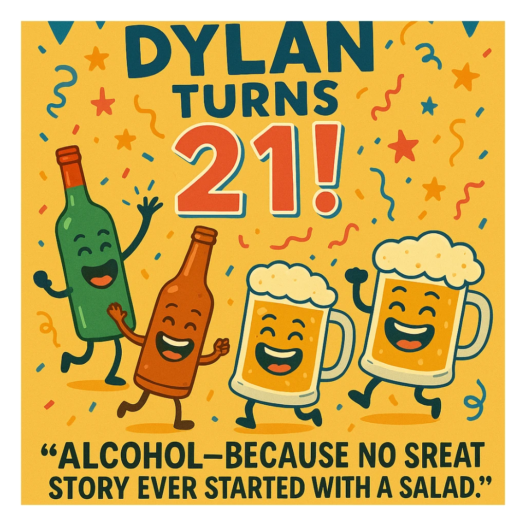 Add the funny drink quote: 'Alcohol—because no great story ever started with a salad.' Keep all original graphics and style. sticker