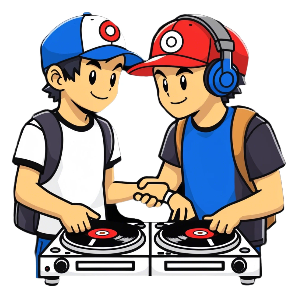 Hot handsomeb muscular 6ft tall smiling happy clean shaven ash ketchum being a  dj and his music rocks while kissing two friends sticker