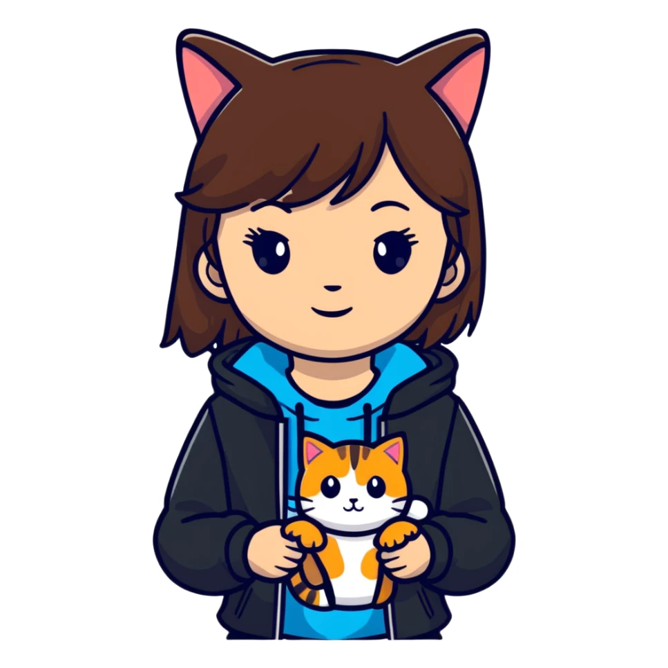 A brown straight-haired girl wearing black jacket with cats sticker