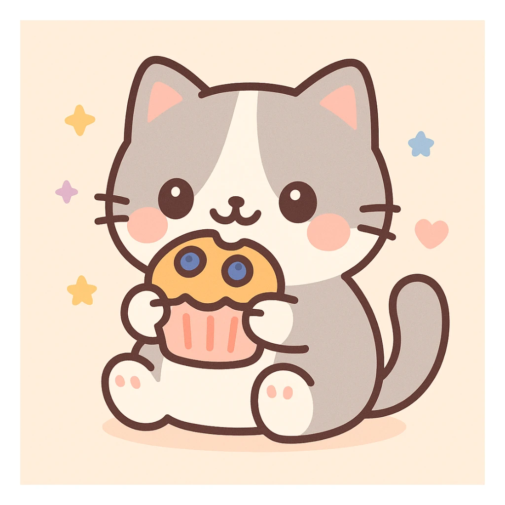 a grey and white kitty eating a blueberry muffin, cute and appealing style, colorful, soft, friendly sticker