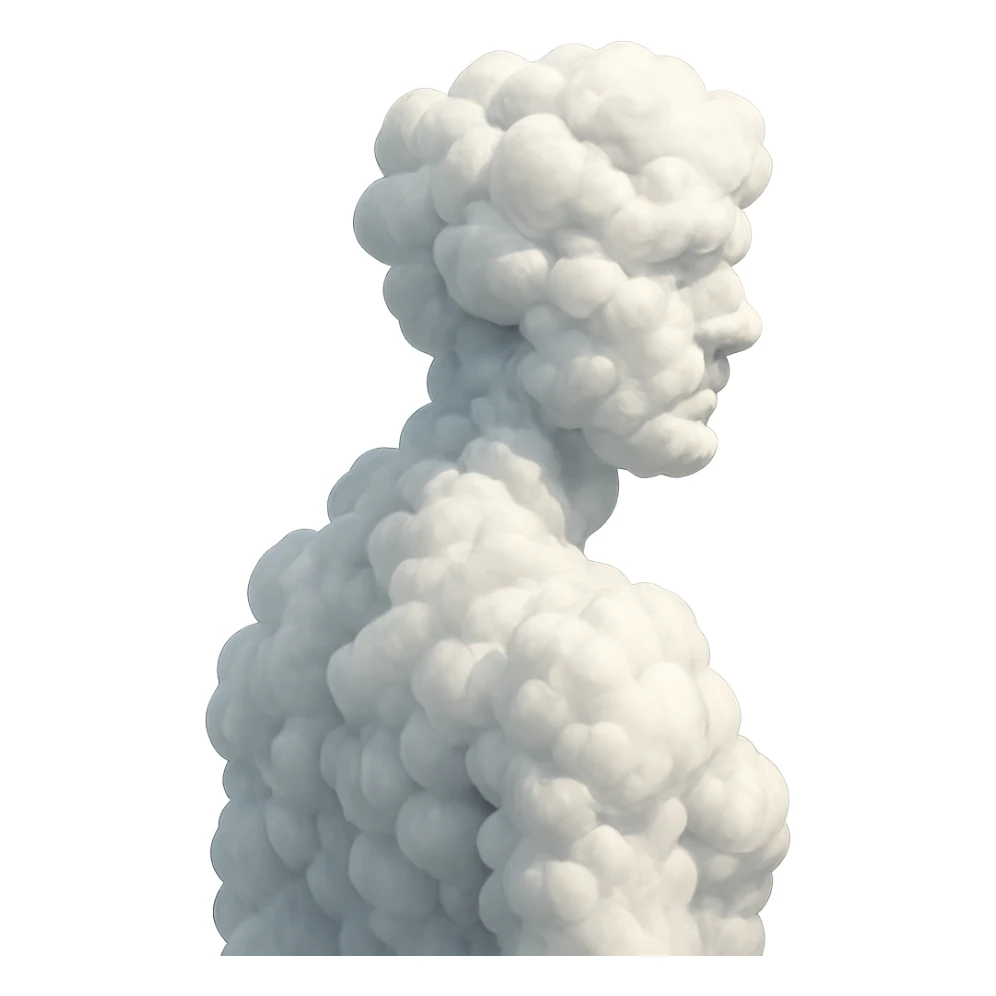 person fully made of voluminous clouds, shoulder view, looking straight, no background sticker