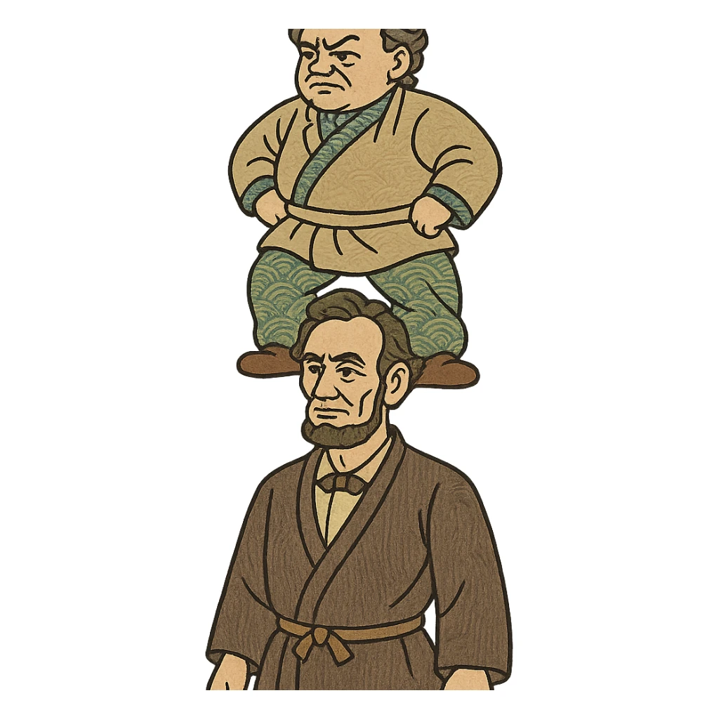 Stephen Douglas standing on Abraham Lincoln's shoulders, ukiyo-e inspired illustration sticker