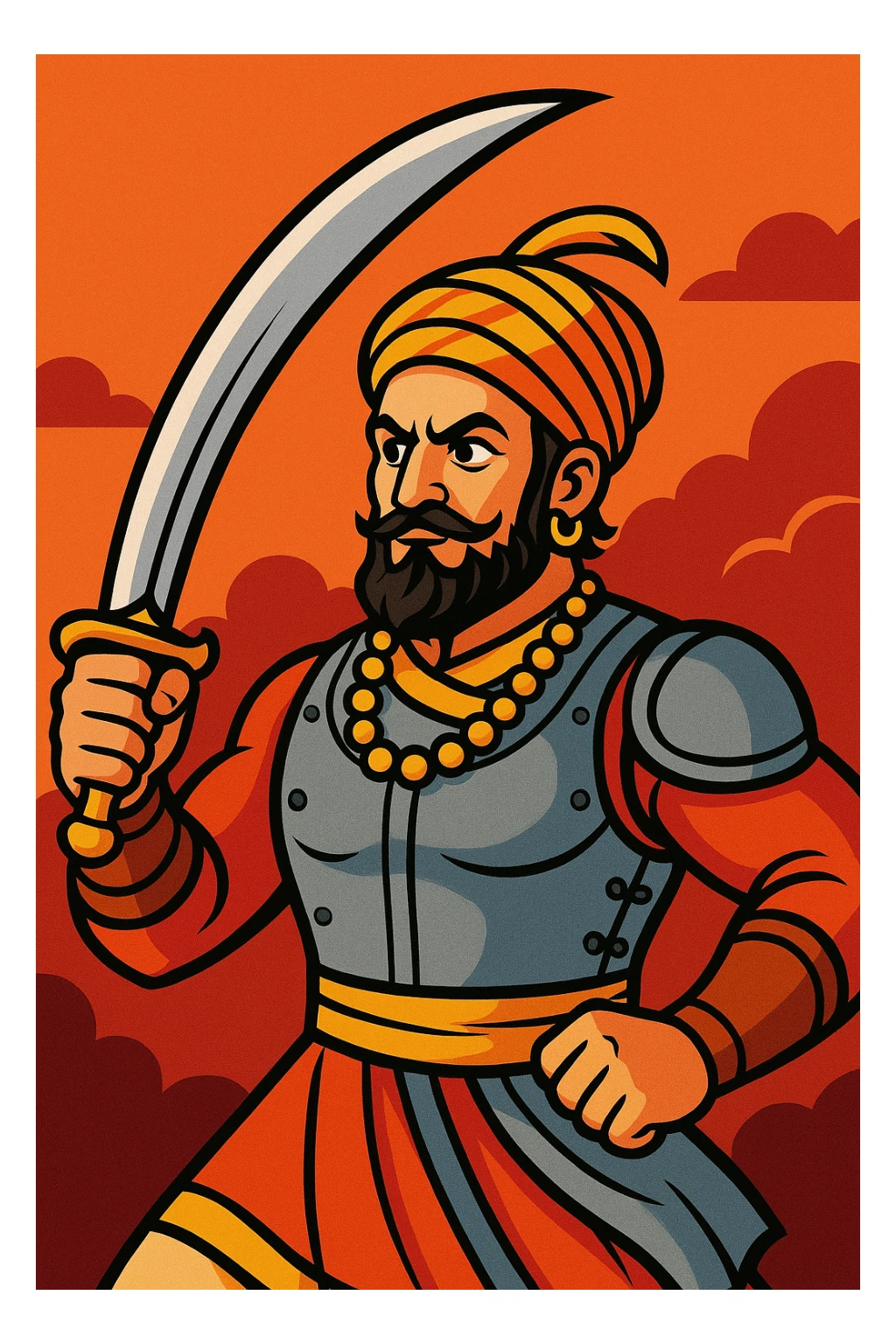 Shivaji Maharaj, bold cartoon style, wearing a turban and armor, holding a sword sticker