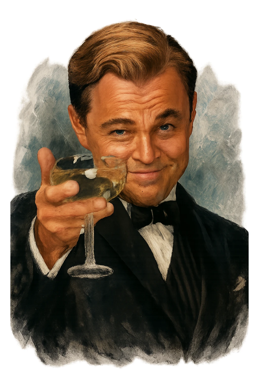 Сделай знаменитый мем с Ди Каприо из Великого Гэтсби, слегка рисованный, но при этом реалистичный объемный стиль, прозрачный фон sticker