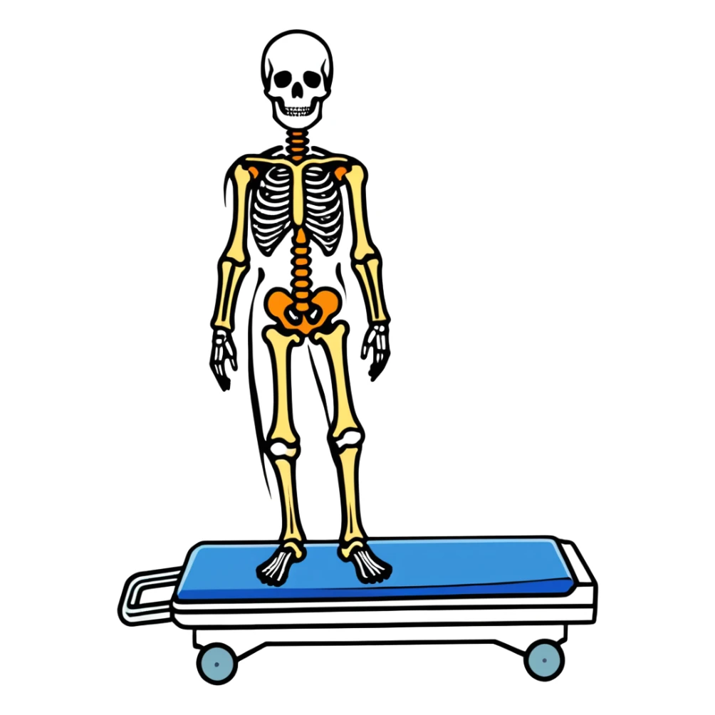 DEXA scan result showing full body composition with bones in white and tissue in different colors, medical diagnostic image sticker