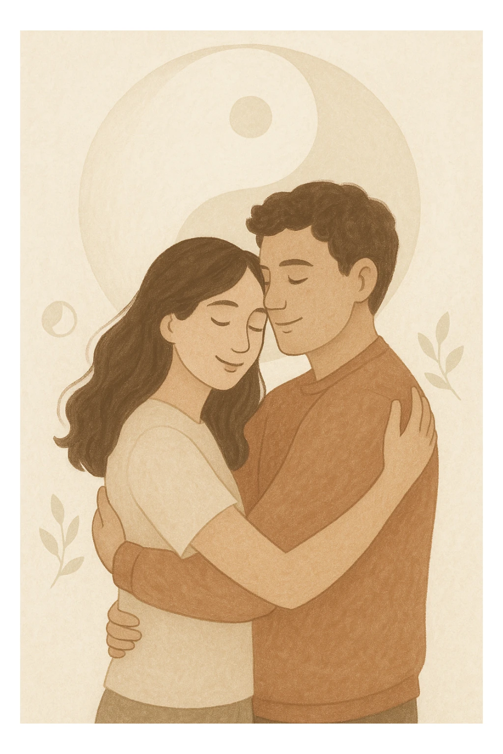 Vertical format: woman and man hugging, light background with symbols of balance like a stylized yin-yang, atmosphere of peace and complicity. sticker