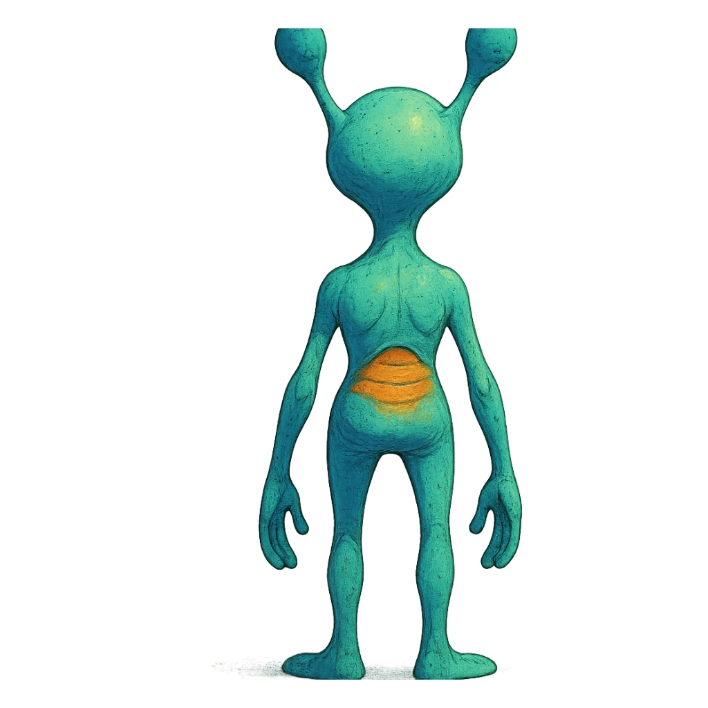 alien, rear view, standing, imaginative style, creative design, stylized illustration, back view, character design sticker