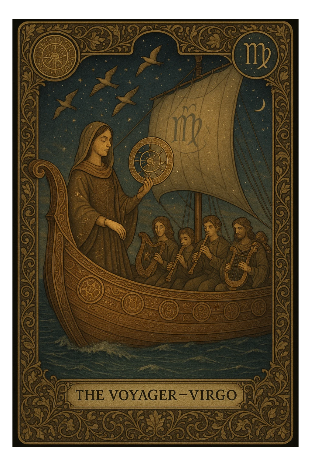 Create a Tarot card titled "The Voyager – Virgo" featuring a serene Virgo figure traveling on a majestic ship across a starlit sea. The Virgo appears graceful and introspective, wearing flowing earth-toned robes embroidered with fine constellations and botanical patterns. She holds a celestial map or astrolabe, symbolizing wisdom and direction. The ship is ornately carved with zodiac motifs, arcane symbols, and detailed woodwork representing elements of nature and time. Birds soar overhead in elegant formation, symbolizing spiritual guidance, while a group of musicians onboard plays harps, flutes, and lyres—each instrument etched with runes and celestial glyphs. Surrounding the card’s border are elaborate vine patterns, miniature zodiac wheels, and golden filigree that shimmer with ethereal light. The background should feature a richly textured twilight sky with layered stars, subtle planetary alignments, and faint Virgo glyphs woven into the sails and horizon. The overall composition should evoke mystery, harmony, and divine purpose, blending traditional Tarot symbolism with intricate artistic craftsmanship sticker