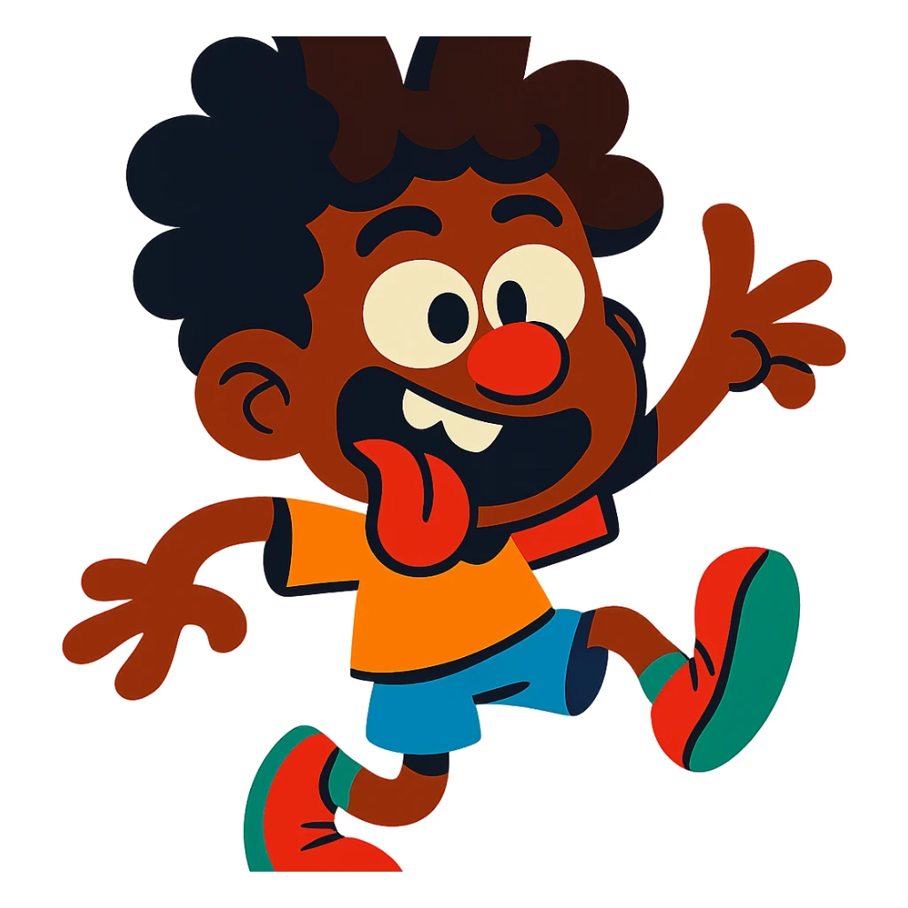 black boy with big, unruly curls, exaggerated features, fun and silly cartoon style, vibrant colors sticker