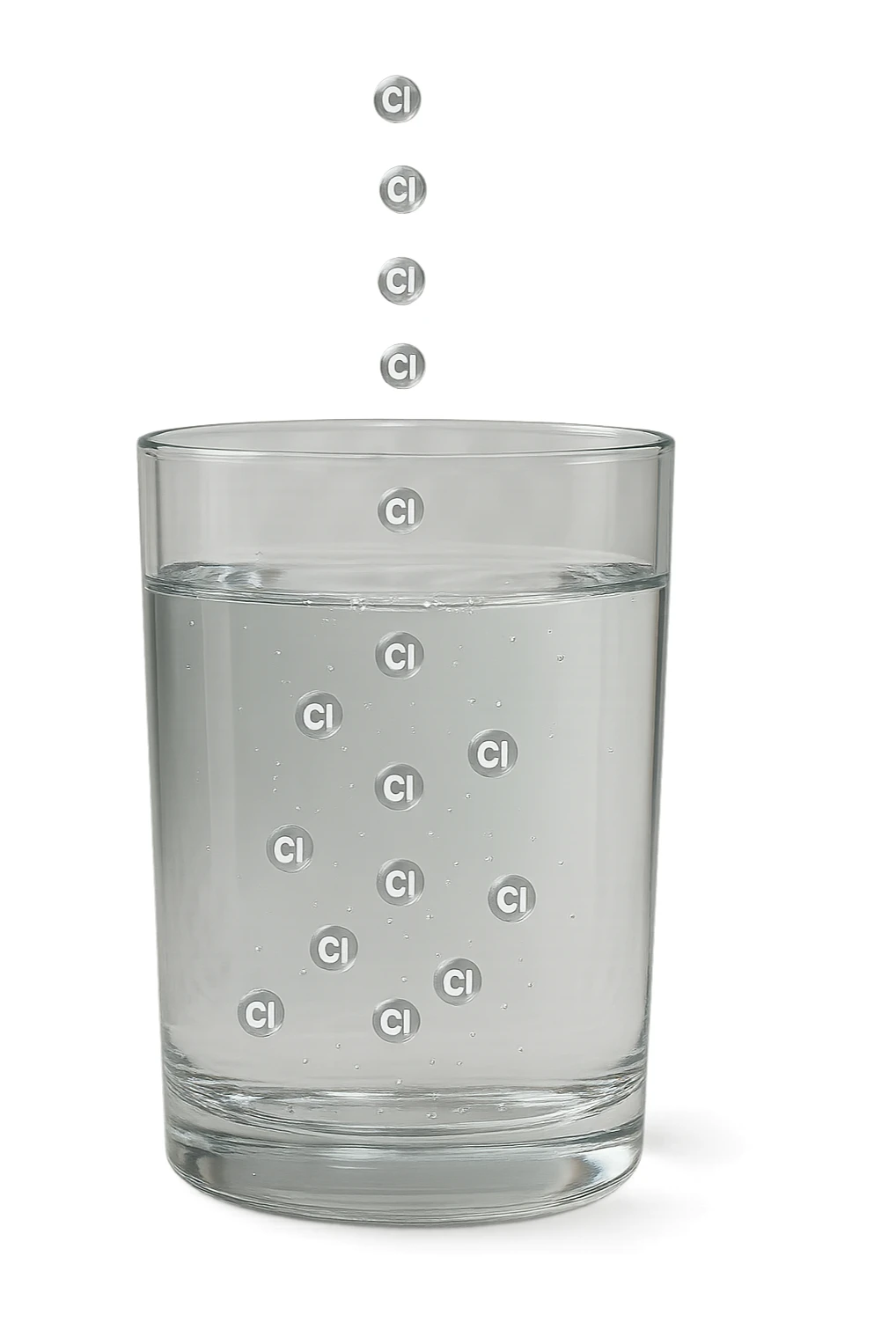 un bicchiere di acqua fluttua in aria realistico e dettagliato, dentro l'acqua del bicchiere ci sono particelle di cloro ben visibili con la scritta "Cl" sopra, ci sono particelle anche che escono dal bicchiere e fluttuan
o in aria verticalmente, mentre alcune sono all'interno dell'acqua nel bicchiere, iperrealistico 4k sticker