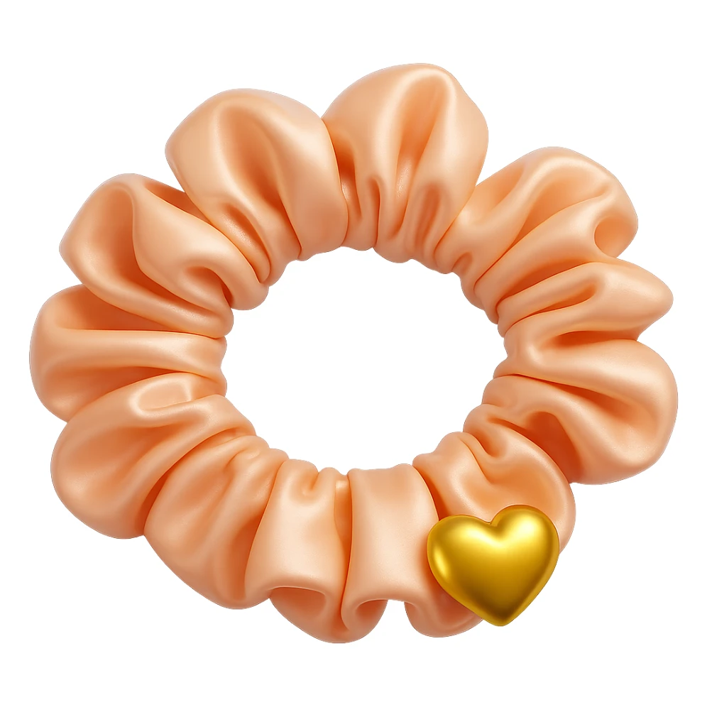 Add a small gold heart charm to the pastel pink silky scrunchie, keep the 3D emoji style and shimmer effect. The style is 3D emoji with a shiny, smooth, and realistic look. Remove the background. sticker