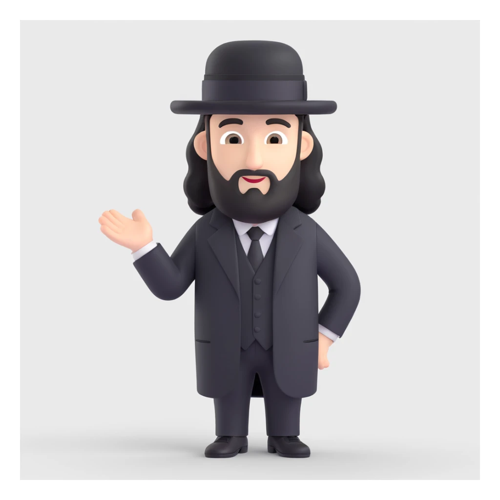 orthodox jewish man, side curls, black suit, hat sticker