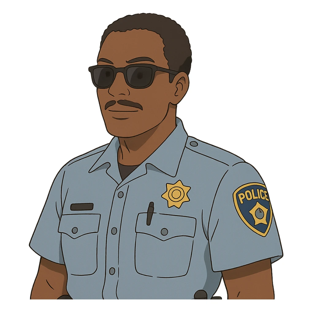 black policeman with sunglasses, no hat, ghibli style sticker