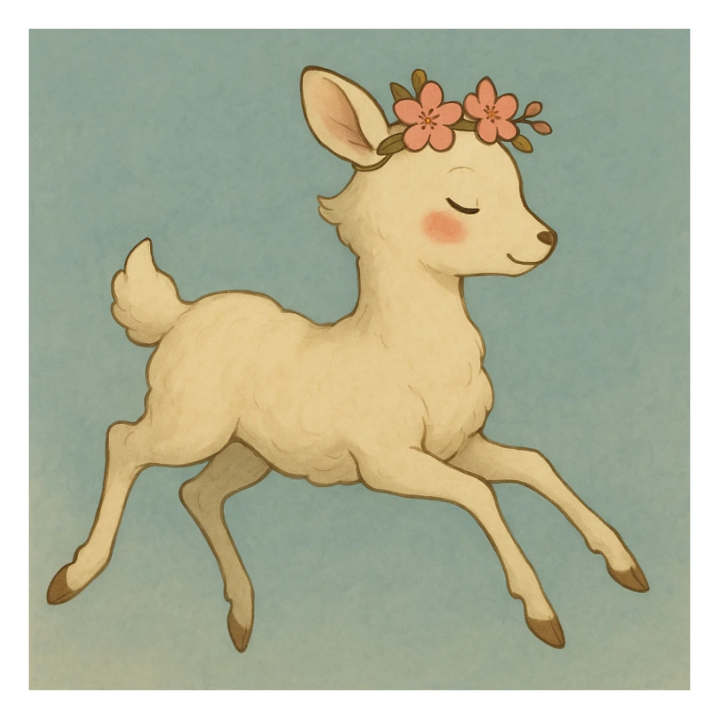 Create a different pose for a feminine adult vanilla cloud doe with rosy cheeks and cherry flowers, floating gracefully, in Ghibli style. This is for brand identity and social media use. sticker