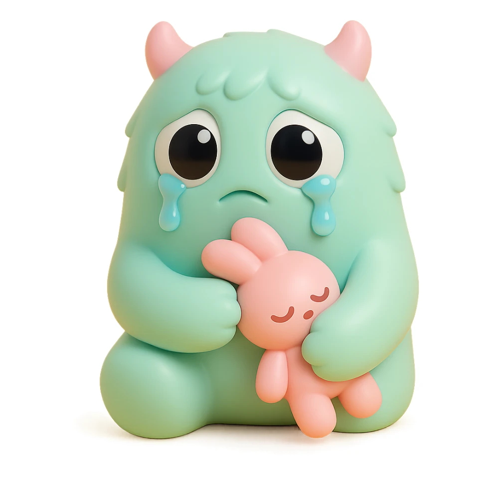fluffy monster with oversized eyes, tears falling, comforting itself with a plush toy, gentle colors, vinyl figure style sticker