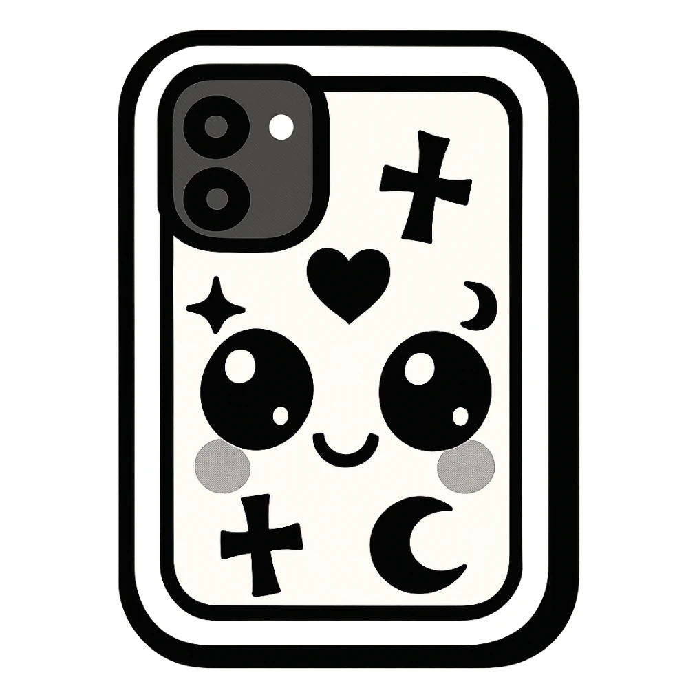 Change the color scheme to white and black, gothic kawaii phone case, big eyes, smiling, playful, cartoonish, gothic symbols, vibrant toon style, no background. sticker