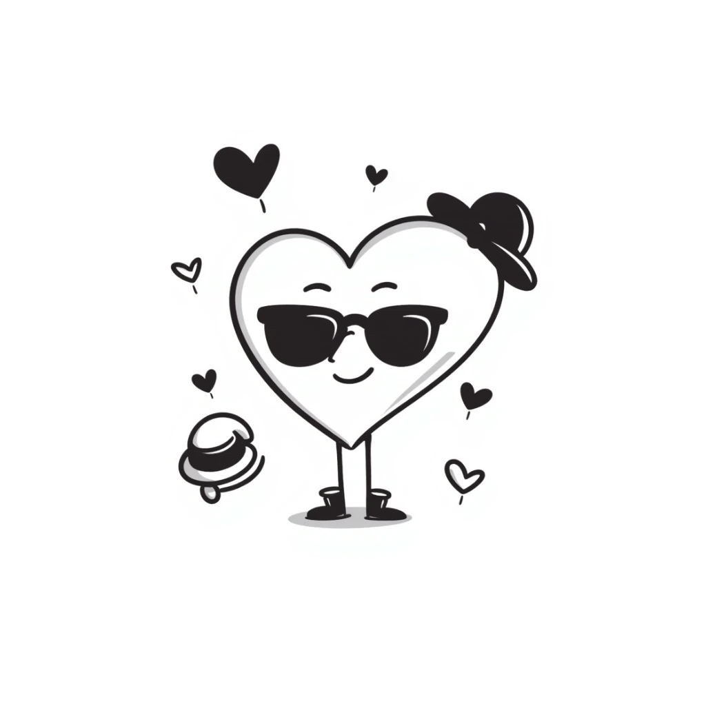 a heart with accessories, playful and sketchy, hand drawn doodle style sticker
