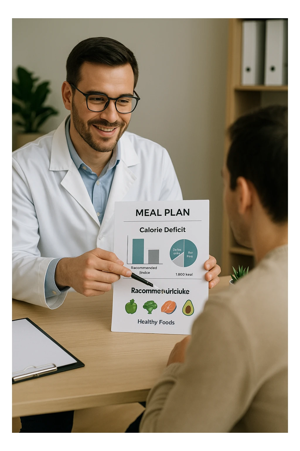 a nutritionist sits at a desk with a client, showing a personalized meal plan and a chart that clearly displays the client’s specific daily caloric deficit. The nutritionist points to the chart, which includes recommended calories, macronutrient breakdown, and healthy food options. The mood is professional, supportive, and educational. in italiano sticker