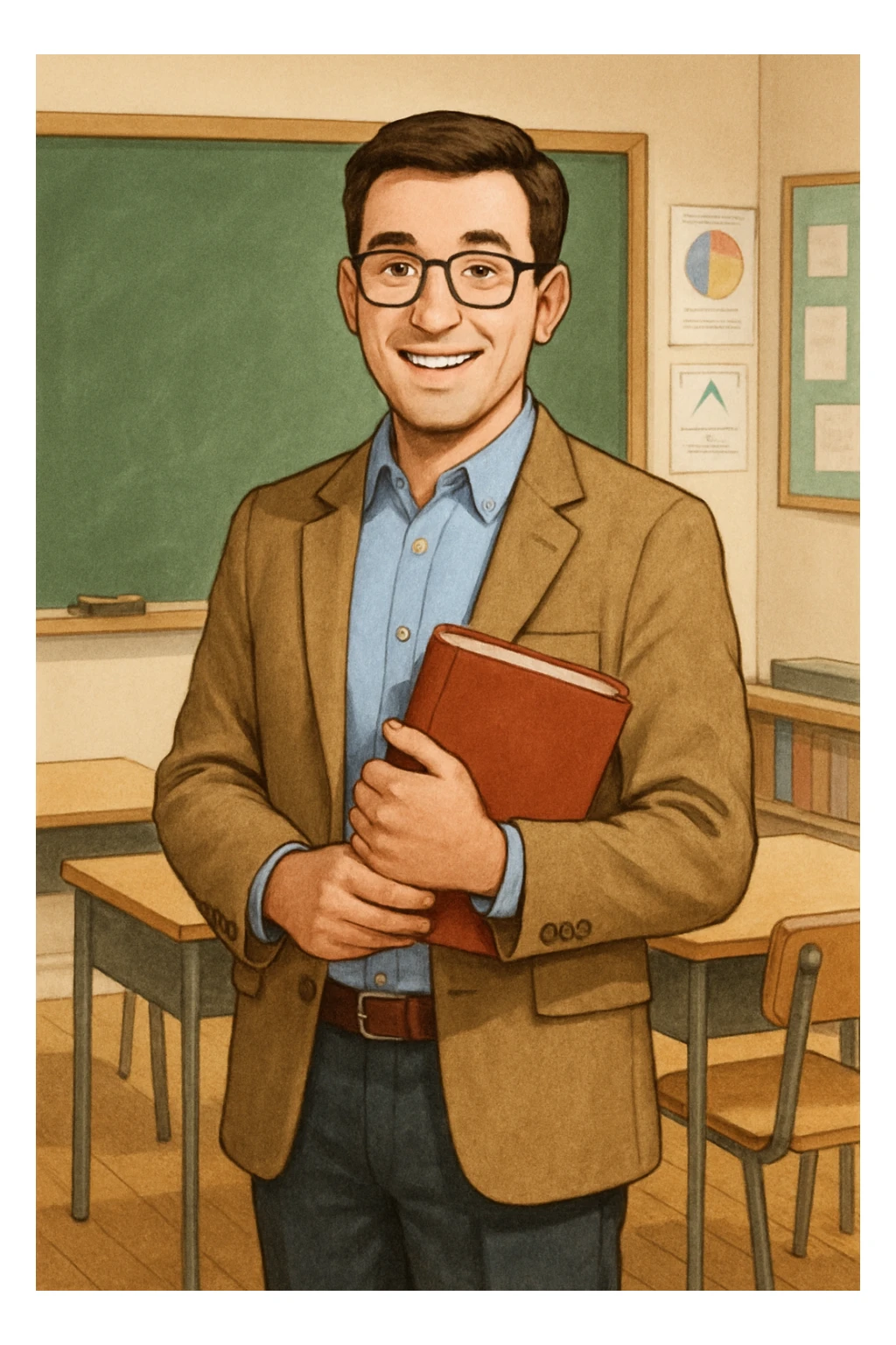 A friendly teacher character, standing and smiling, holding a book, in a classroom setting, approachable and professional. sticker