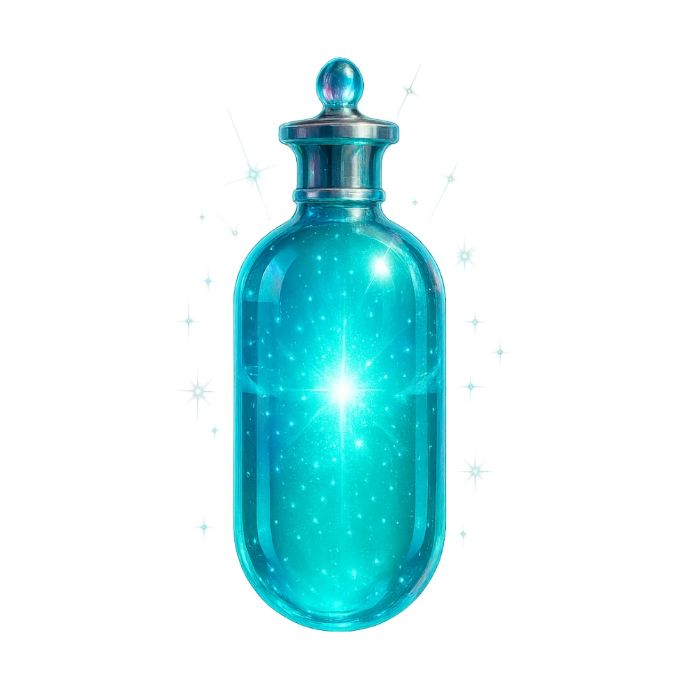 capsule-shaped luxurious elixir bottle, cyan color, iridescent and silver details, maximum intense magical glowing and sparkling effects, very small neck, seamless bottom, transparent background, floating, no base or shadow, modern, matching a collection sticker