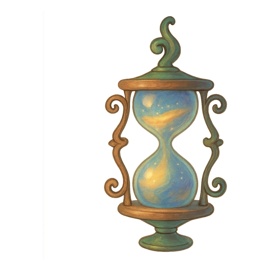 magical hourglass, dreamy lighting, soft painterly textures, whimsical and enchanting, no background sticker