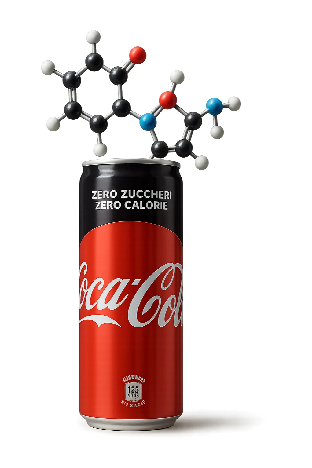 rappresenta una molecola chimica di aspartame che esce da una lattina di coca cola zero, iperrealistica 4k sticker