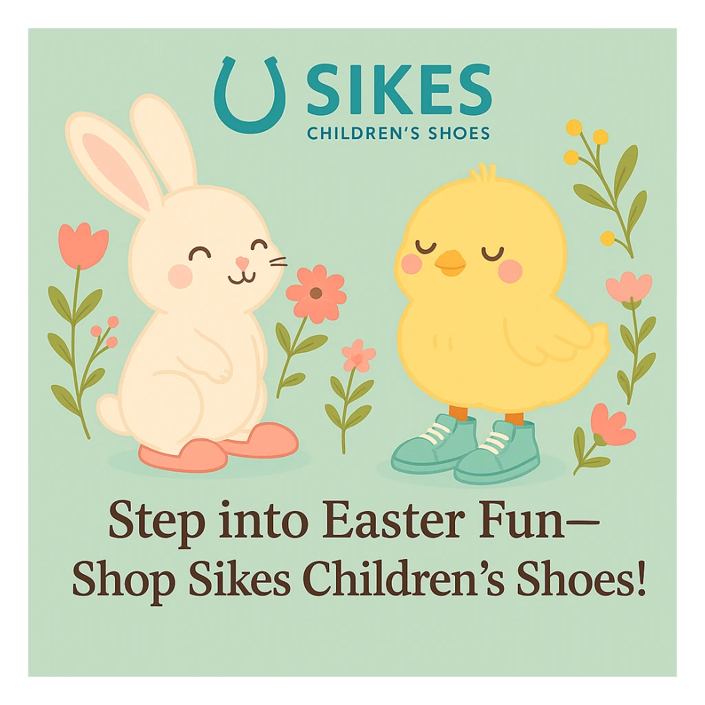 Keep the Sikes Children's Shoes logo in the same position as in the original image. Ensure the design features a pastel background, bunny and chick with shoes, floral accents, and the headline: 'Step into Easter Fun—Shop Sikes Children’s Shoes!'. No changes to logo placement. sticker