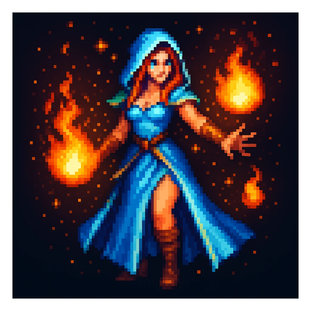 Make the sorceress cast a spell, adding magical effects like glowing energy or fireballs in the original pixel art style sticker