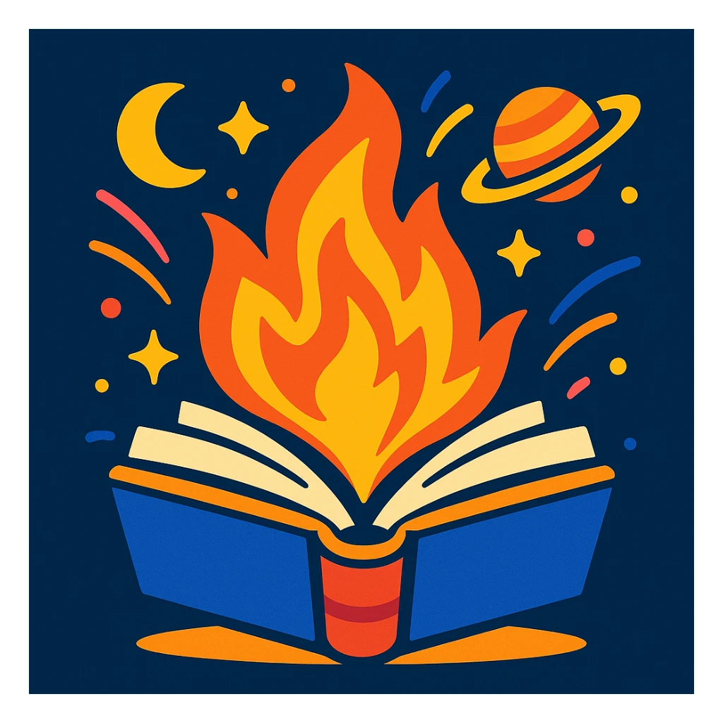 space-themed event icon with a book, fire, and cosmic elements, energetic and whimsical sticker