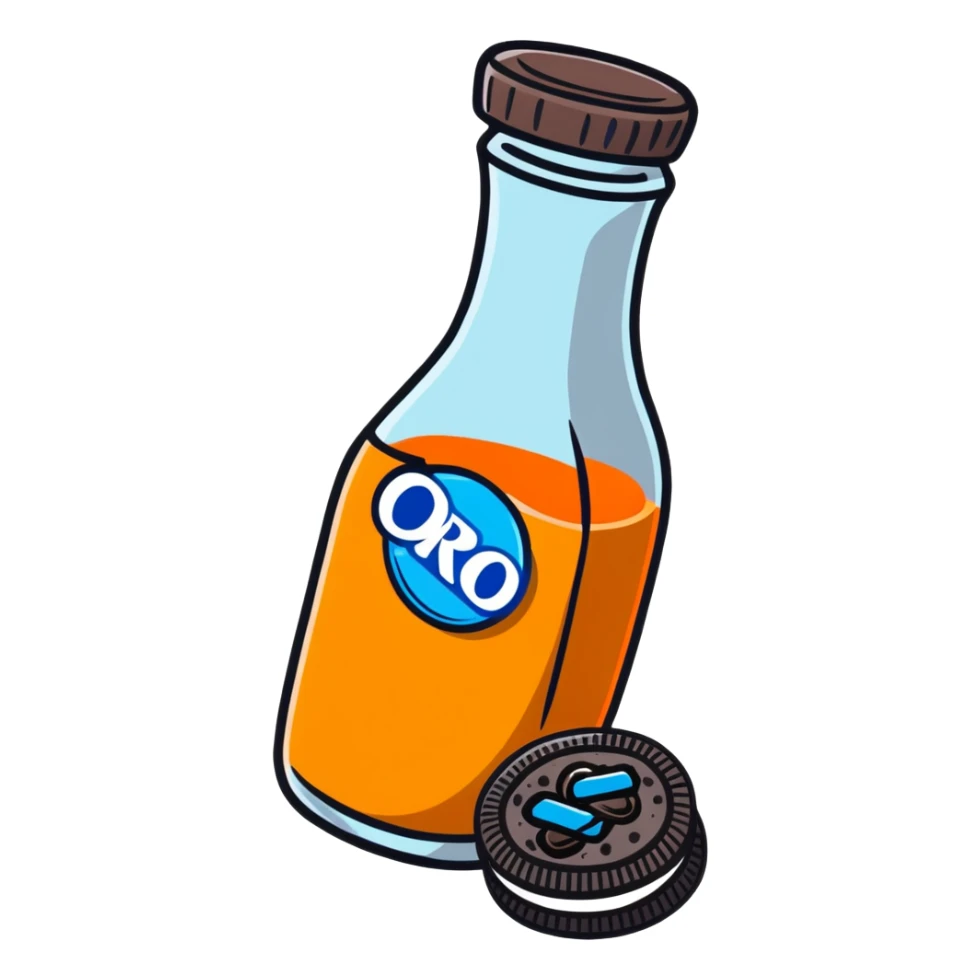 orange juice bottle being cut in half by Oreo cookies sticker