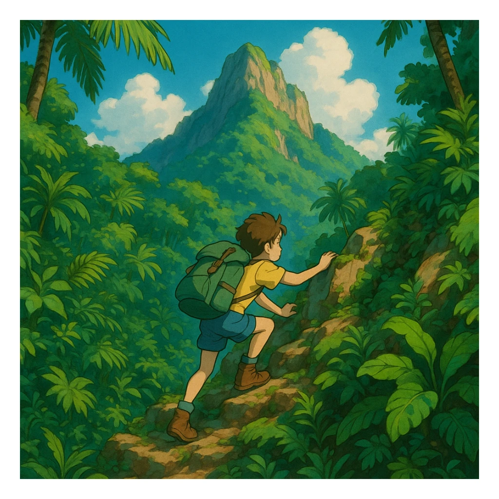 ghibli style scene of mountain climbing in a vibrant jungle sticker